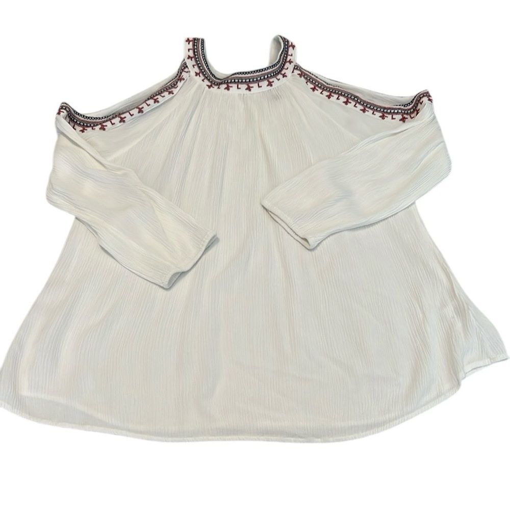 Como vintage szM cold shoulder multi colored trim long sleeve asymmetrical tunic